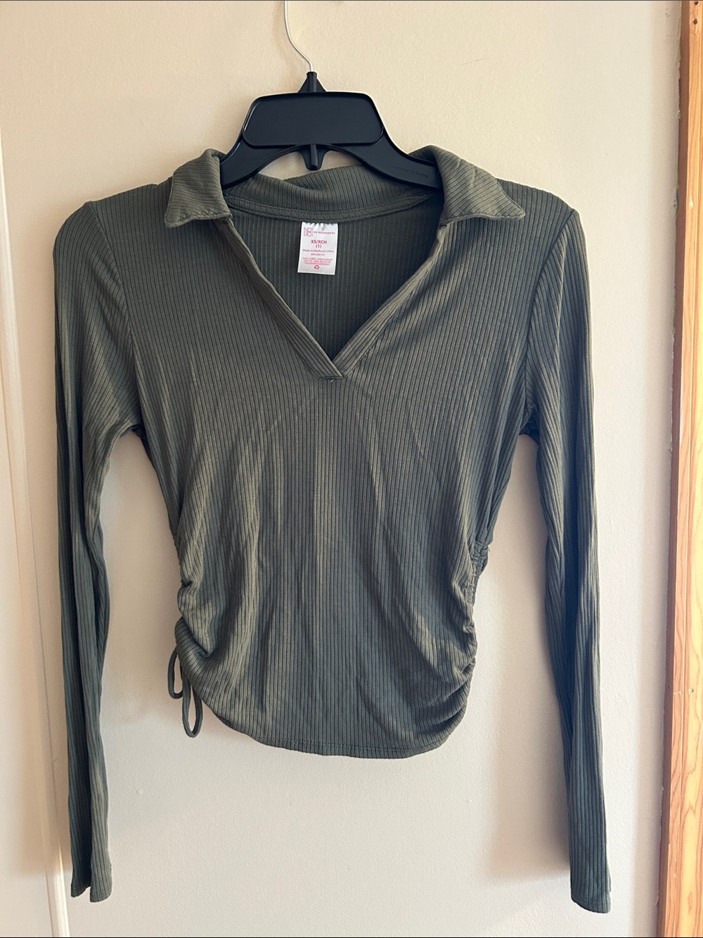 No Boundaries Olive Ribbed Collared V-Neck Long Sleeve Top